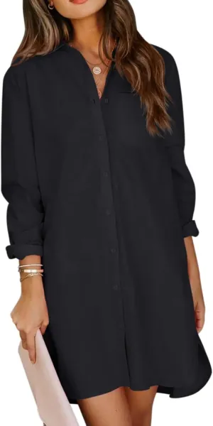 2024 Womens Button Down Shirt Dress Long Sleeve Boyfriend Blouse Shirts Tunics Dress with Pocket, S-2XL