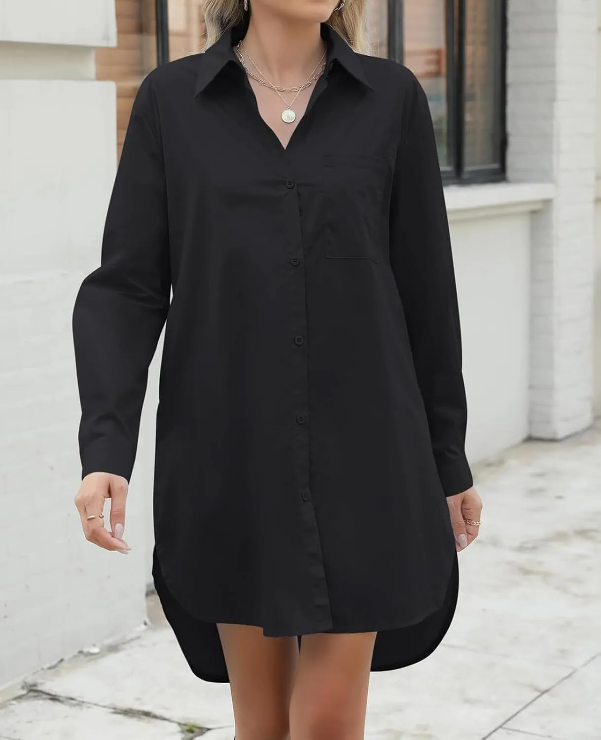 2024 Womens Button Down Shirt Dress Long Sleeve Boyfriend Blouse Shirts Tunics Dress with Pocket, S-2XL