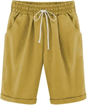 2025 Women's Shorts Casual Comfy Cotton Linen Shorts Drawstring Elastic Waist Bermuda Summer Knee Length Beach Shorts
