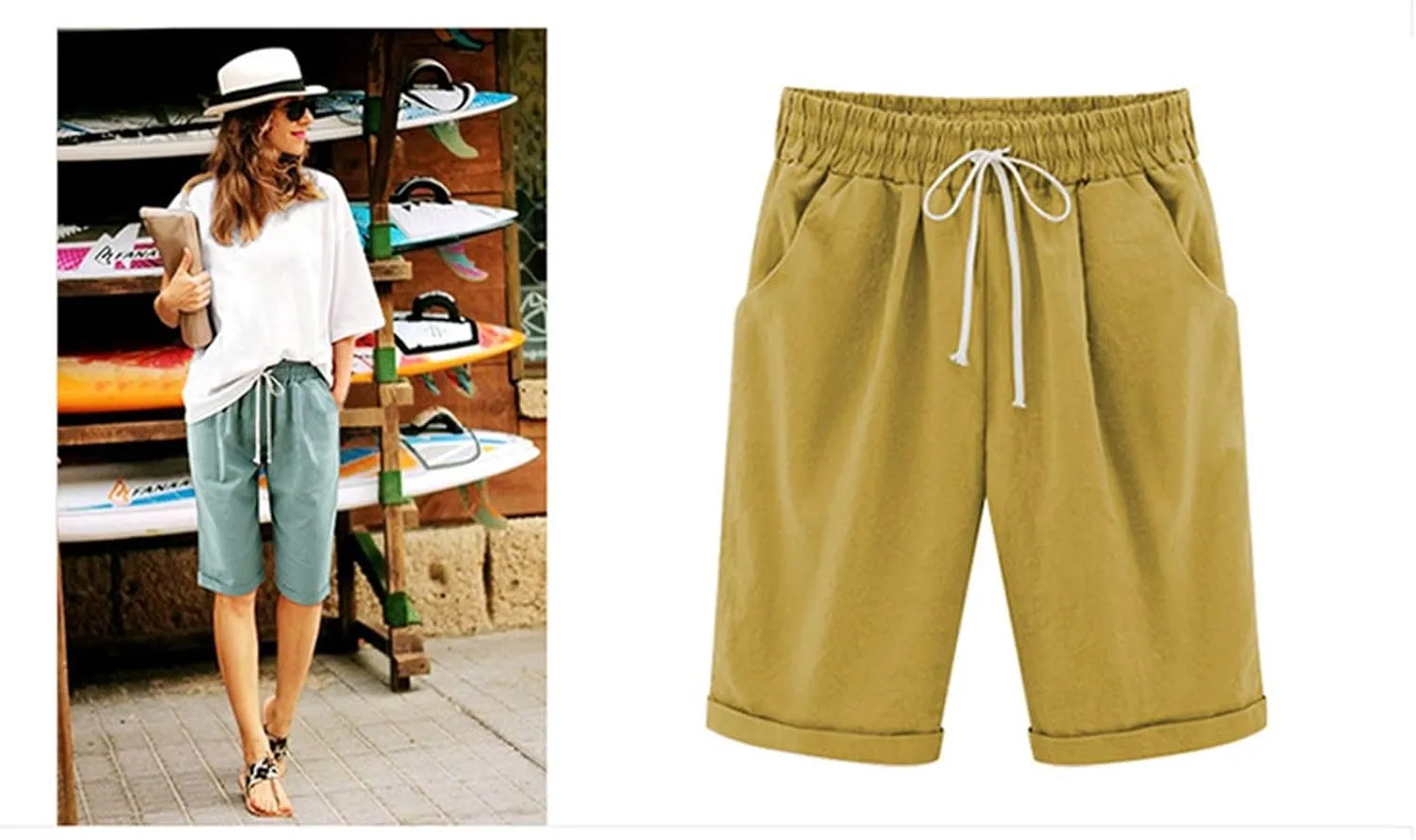 2025 Women's Shorts Casual Comfy Cotton Linen Shorts Drawstring Elastic Waist Bermuda Summer Knee Length Beach Shorts