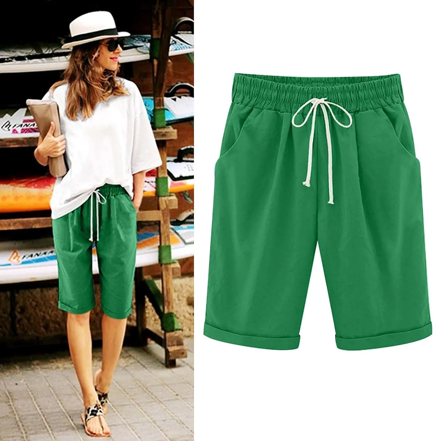 2025 Women's Shorts Casual Comfy Cotton Linen Shorts Drawstring Elastic Waist Bermuda Summer Knee Length Beach Shorts