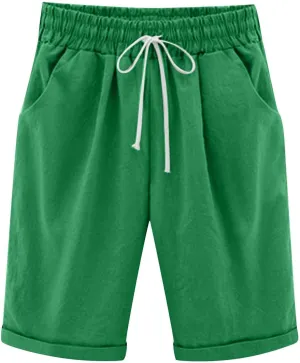 2025 Women's Shorts Casual Comfy Cotton Linen Shorts Drawstring Elastic Waist Bermuda Summer Knee Length Beach Shorts