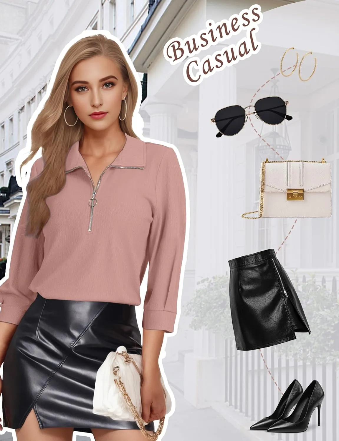 3/4 Length Sleeve Womens Tops, V Neck T Shirts Zipper Collar Work Blouses for Women Dressy Casual Polo Shirts Fall Top