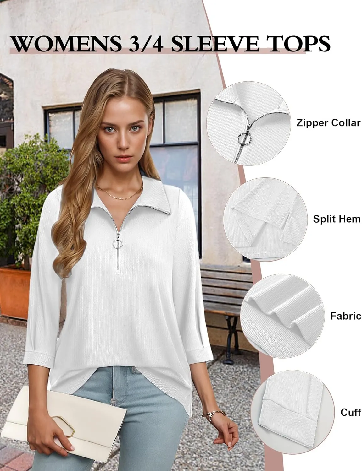 3/4 Length Sleeve Womens Tops, V Neck T Shirts Zipper Collar Work Blouses for Women Dressy Casual Polo Shirts Fall Top