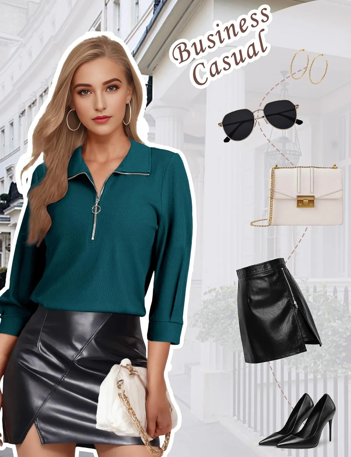 3/4 Length Sleeve Womens Tops, V Neck T Shirts Zipper Collar Work Blouses for Women Dressy Casual Polo Shirts Fall Top