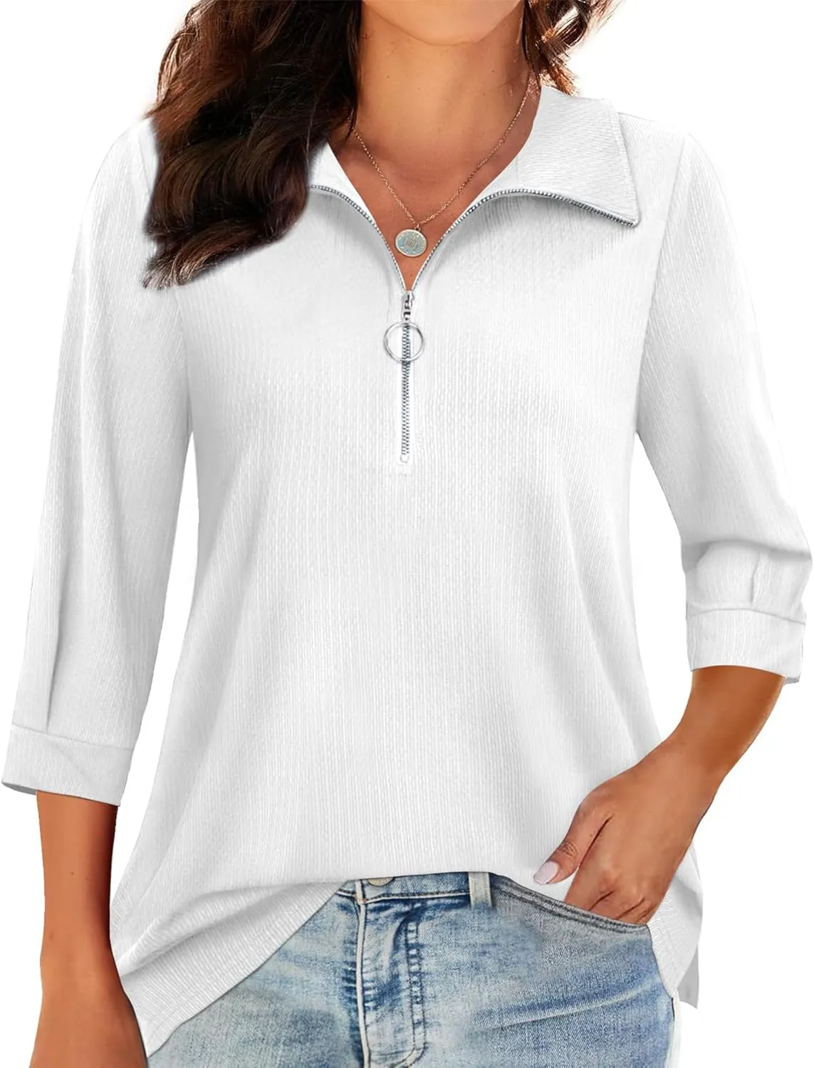 3/4 Length Sleeve Womens Tops, V Neck T Shirts Zipper Collar Work Blouses for Women Dressy Casual Polo Shirts Fall Top