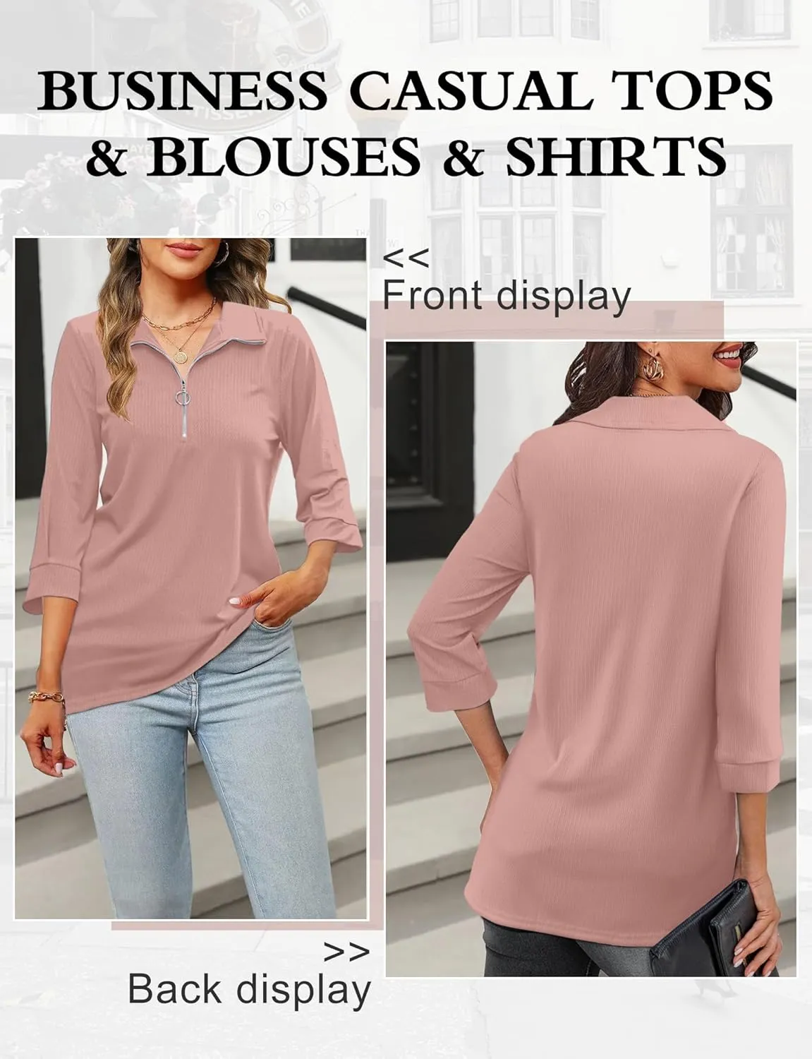 3/4 Length Sleeve Womens Tops, V Neck T Shirts Zipper Collar Work Blouses for Women Dressy Casual Polo Shirts Fall Top