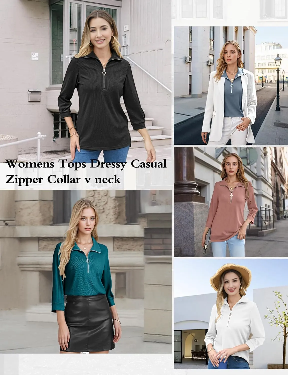 3/4 Length Sleeve Womens Tops, V Neck T Shirts Zipper Collar Work Blouses for Women Dressy Casual Polo Shirts Fall Top