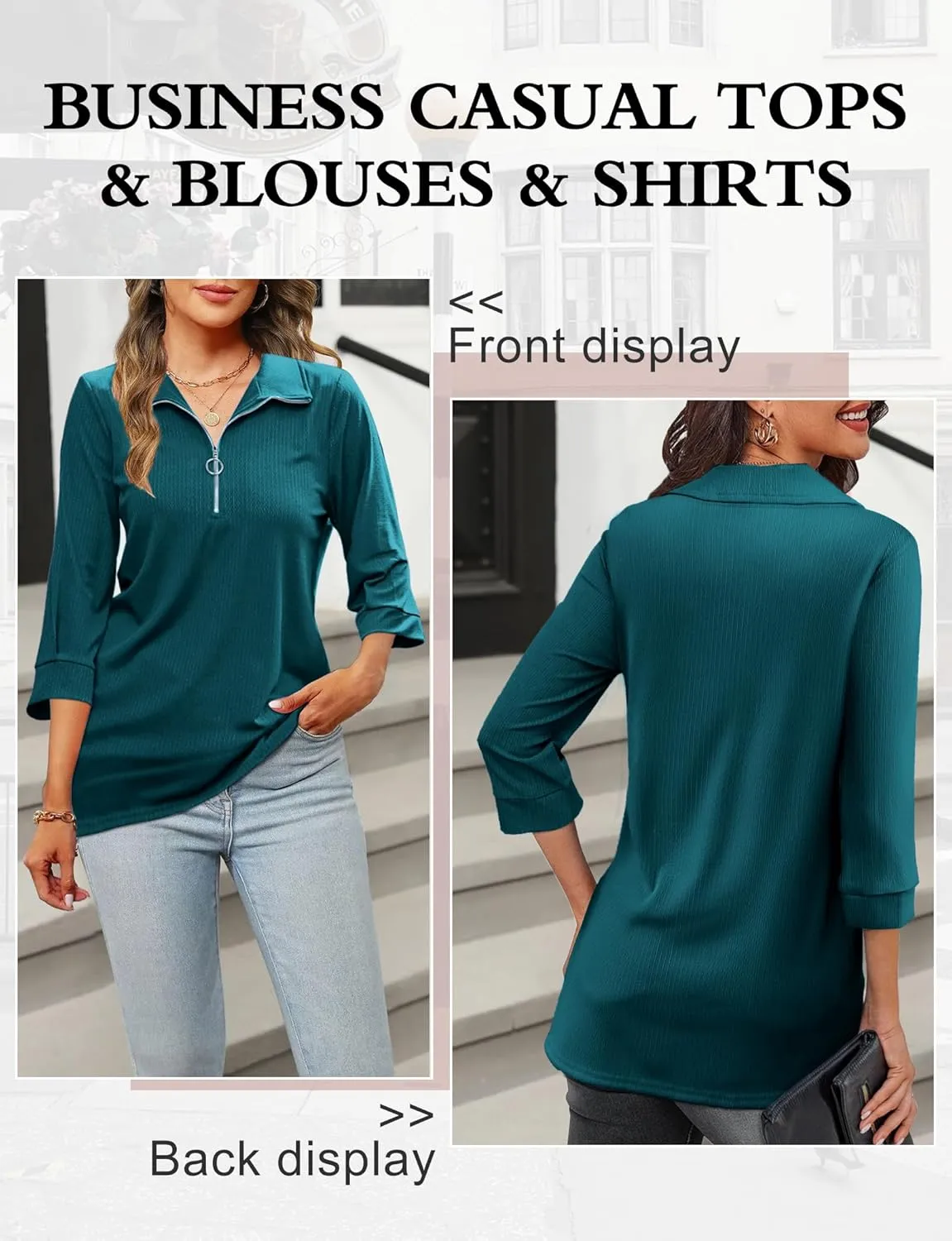3/4 Length Sleeve Womens Tops, V Neck T Shirts Zipper Collar Work Blouses for Women Dressy Casual Polo Shirts Fall Top