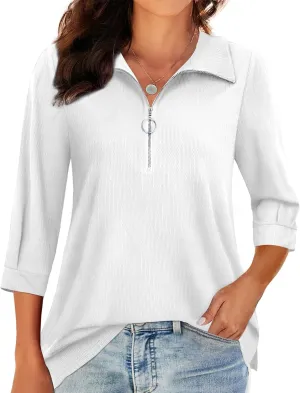 3/4 Length Sleeve Womens Tops, V Neck T Shirts Zipper Collar Work Blouses for Women Dressy Casual Polo Shirts Fall Top