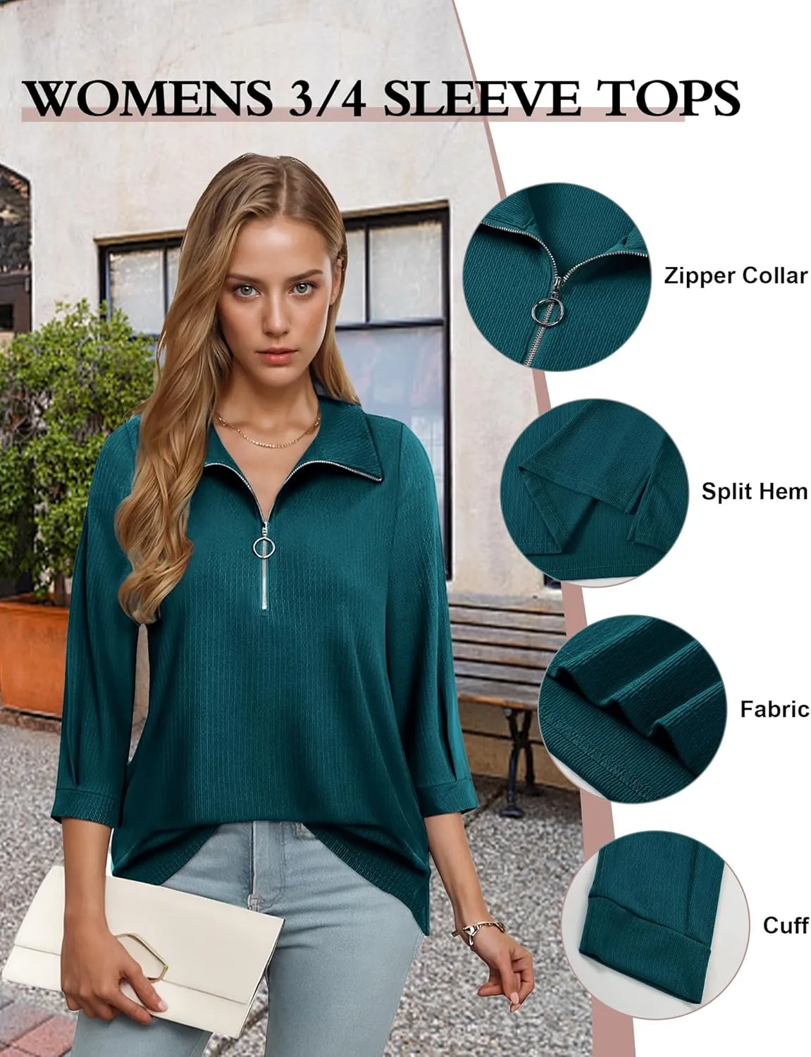 3/4 Length Sleeve Womens Tops, V Neck T Shirts Zipper Collar Work Blouses for Women Dressy Casual Polo Shirts Fall Top