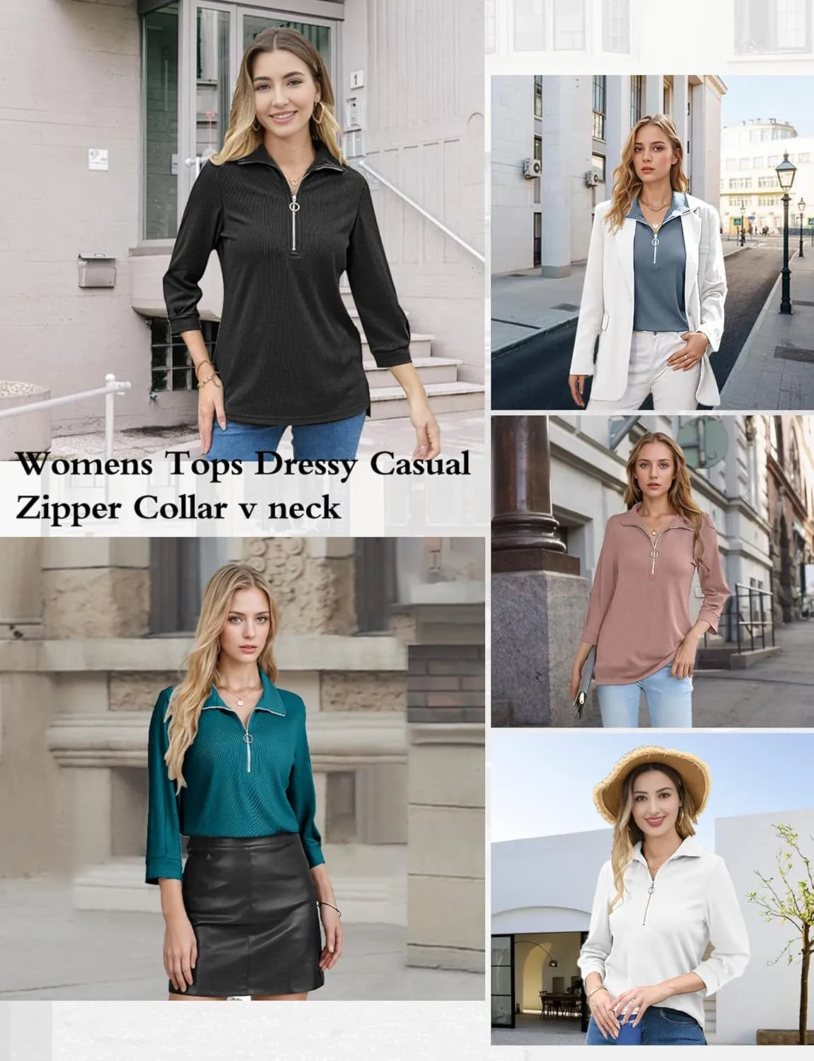 3/4 Length Sleeve Womens Tops, V Neck T Shirts Zipper Collar Work Blouses for Women Dressy Casual Polo Shirts Fall Top