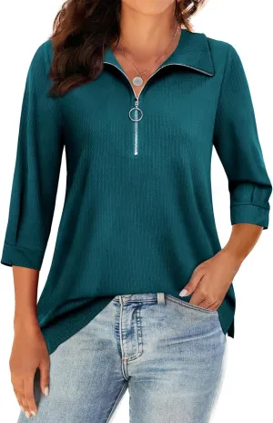 3/4 Length Sleeve Womens Tops, V Neck T Shirts Zipper Collar Work Blouses for Women Dressy Casual Polo Shirts Fall Top
