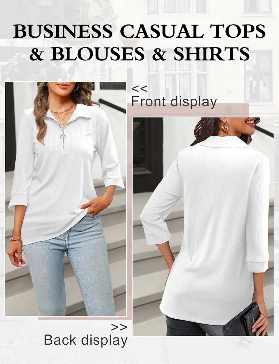 3/4 Length Sleeve Womens Tops, V Neck T Shirts Zipper Collar Work Blouses for Women Dressy Casual Polo Shirts Fall Top