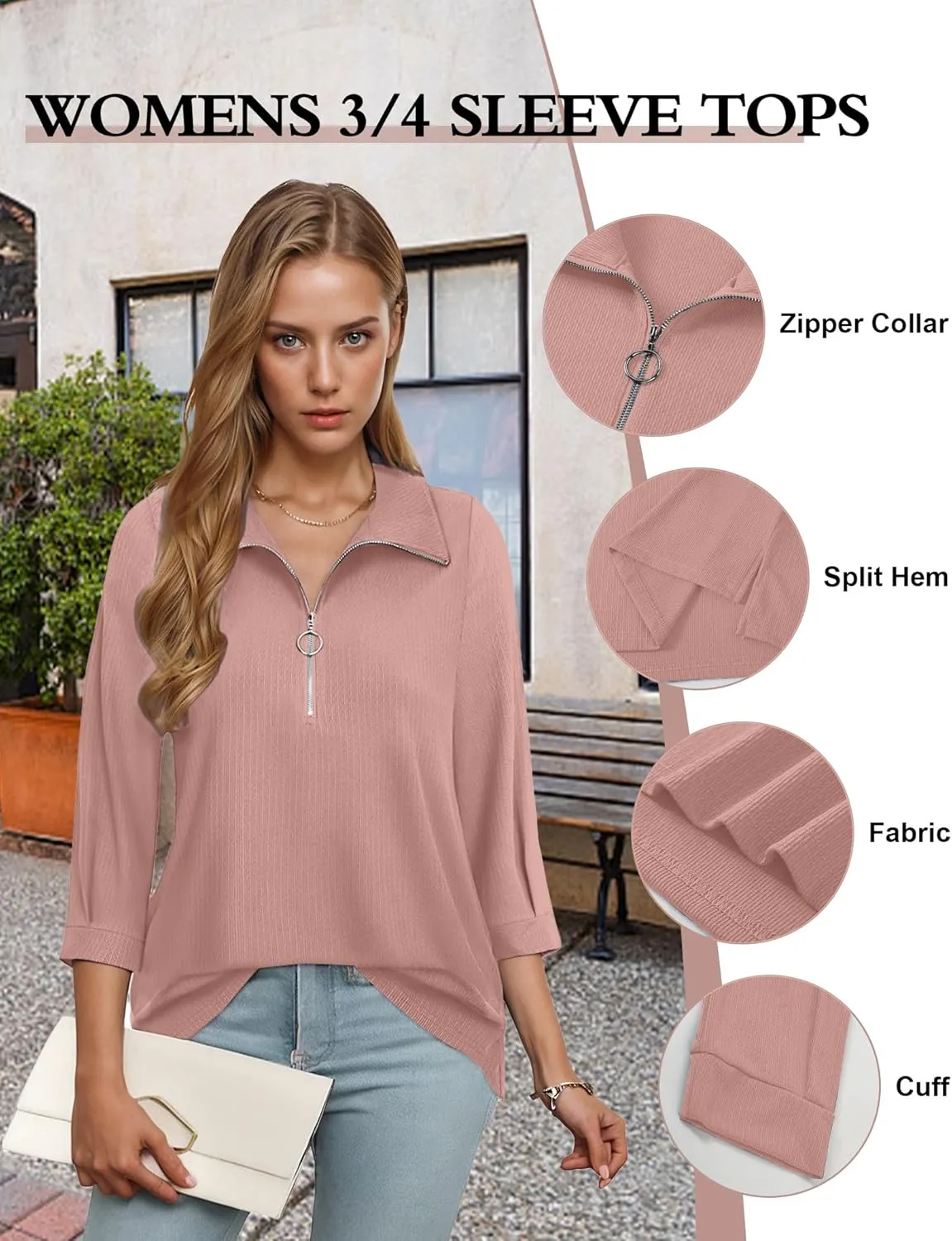 3/4 Length Sleeve Womens Tops, V Neck T Shirts Zipper Collar Work Blouses for Women Dressy Casual Polo Shirts Fall Top