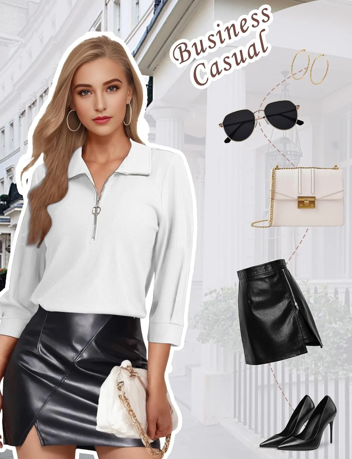 3/4 Length Sleeve Womens Tops, V Neck T Shirts Zipper Collar Work Blouses for Women Dressy Casual Polo Shirts Fall Top