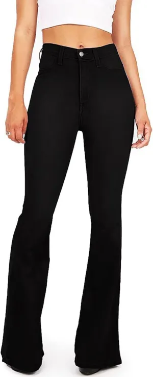 AMRSPENG Women's Black Bell Bottom Jeans: High Waist Flare Bootcut Stretch Slimming Jeans for Women