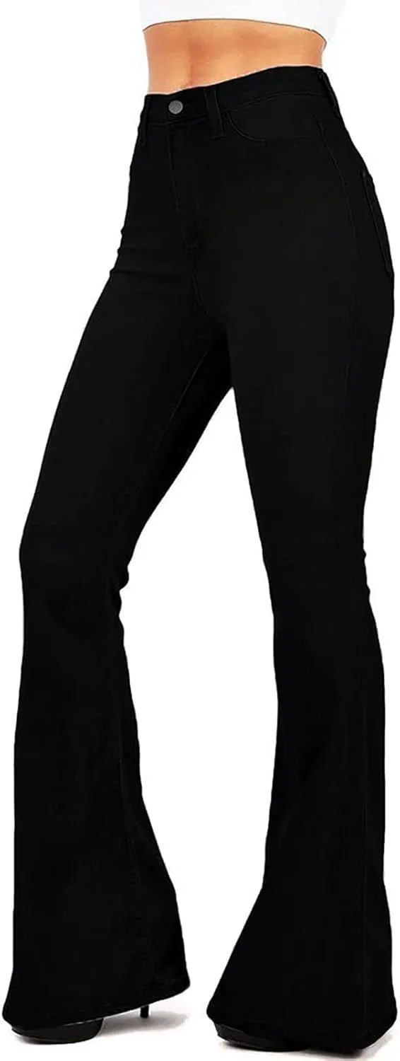 AMRSPENG Women's Black Bell Bottom Jeans: High Waist Flare Bootcut Stretch Slimming Jeans for Women