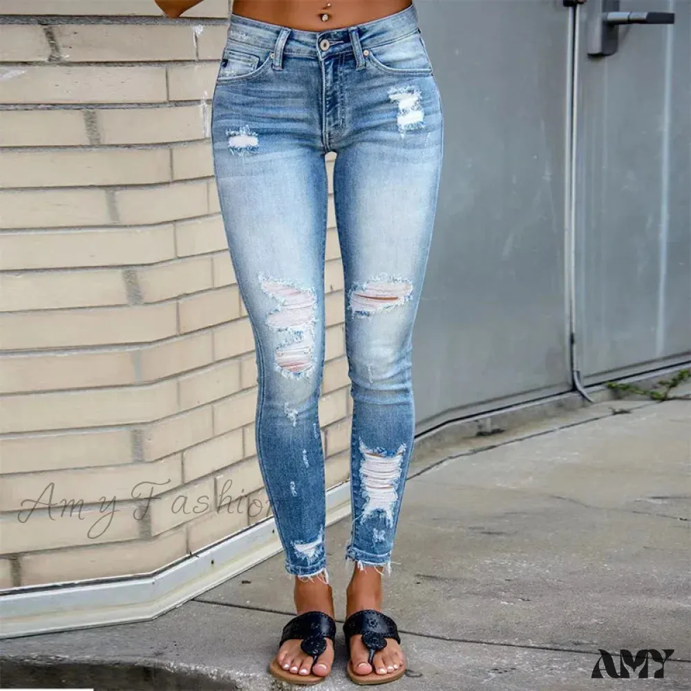 Amy Fashion - Elastic Women's Cutout Ripped High Waist Casual Daily Skinny Pocket 2024 Trend Fashion Design Long Jean