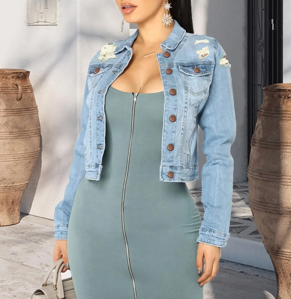 BessCops Denim Jacket for Women Spring Long Sleeve Classic Distressed Butterfly Jean Trucker Jackets