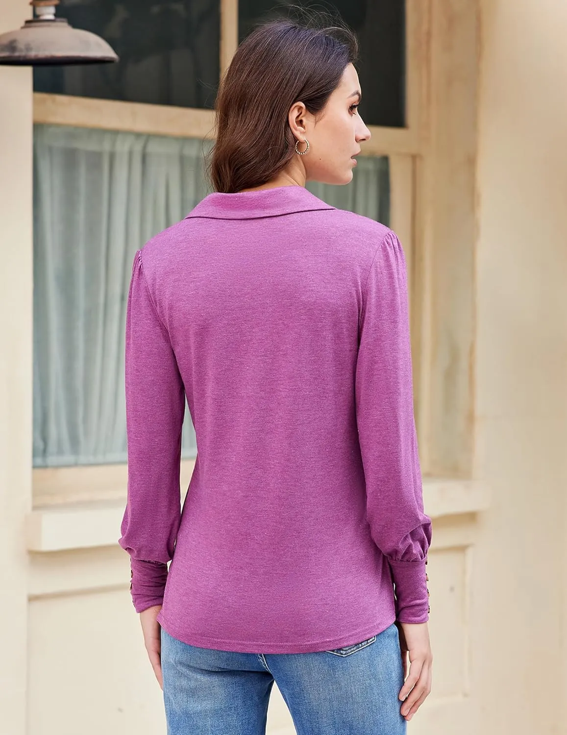 Blouses for Women Dressy Collared V Neck Puff Long Sleeve Tops Tunic Loose Business Casual Tops Polo Shirts