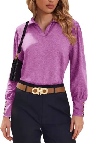 Blouses for Women Dressy Collared V Neck Puff Long Sleeve Tops Tunic Loose Business Casual Tops Polo Shirts