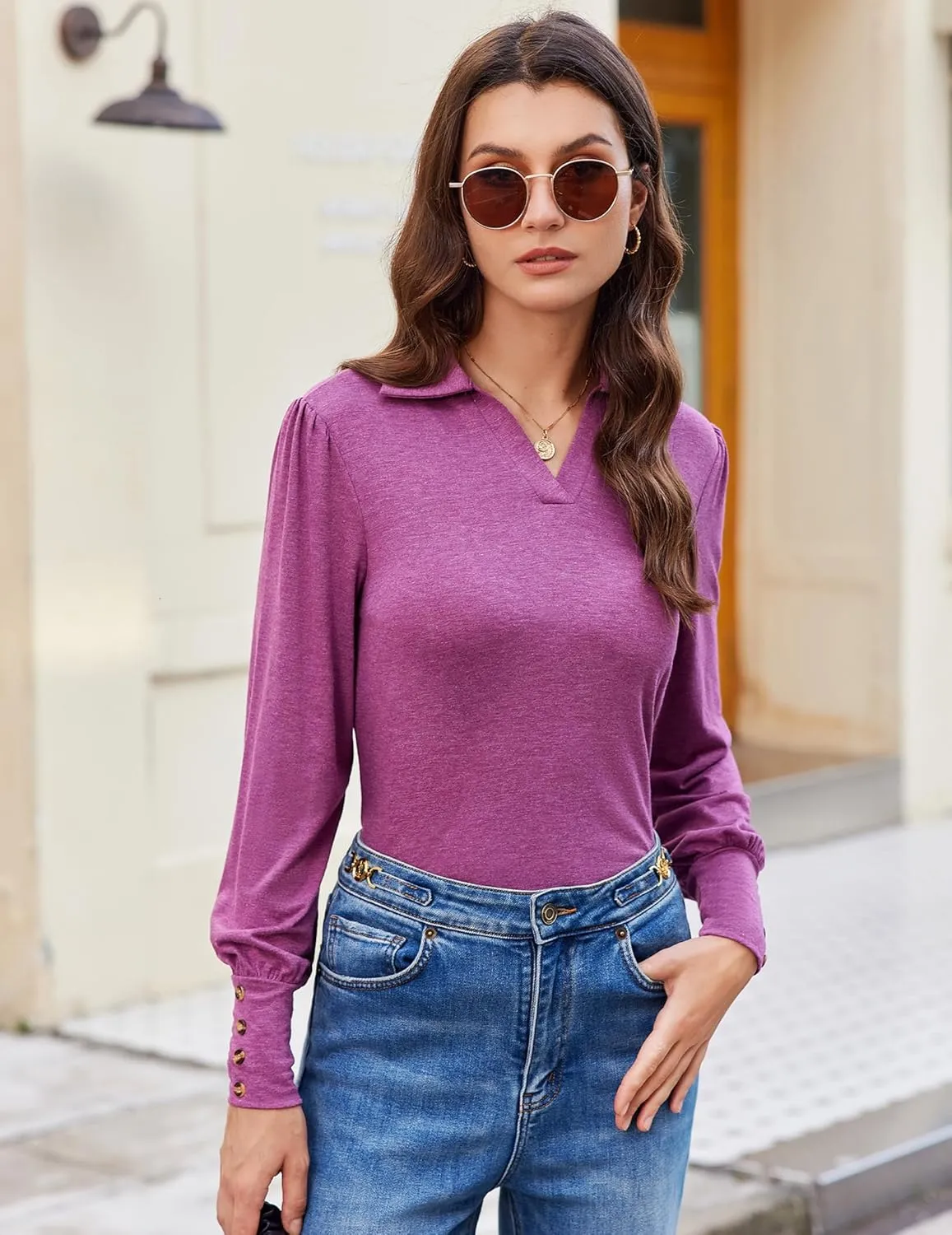 Blouses for Women Dressy Collared V Neck Puff Long Sleeve Tops Tunic Loose Business Casual Tops Polo Shirts