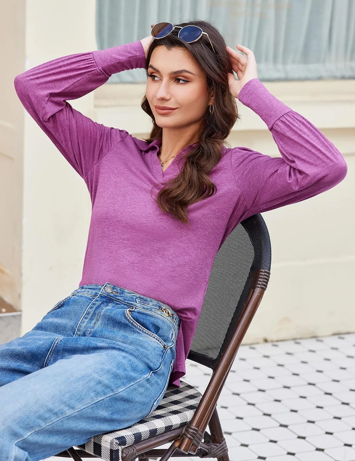Blouses for Women Dressy Collared V Neck Puff Long Sleeve Tops Tunic Loose Business Casual Tops Polo Shirts
