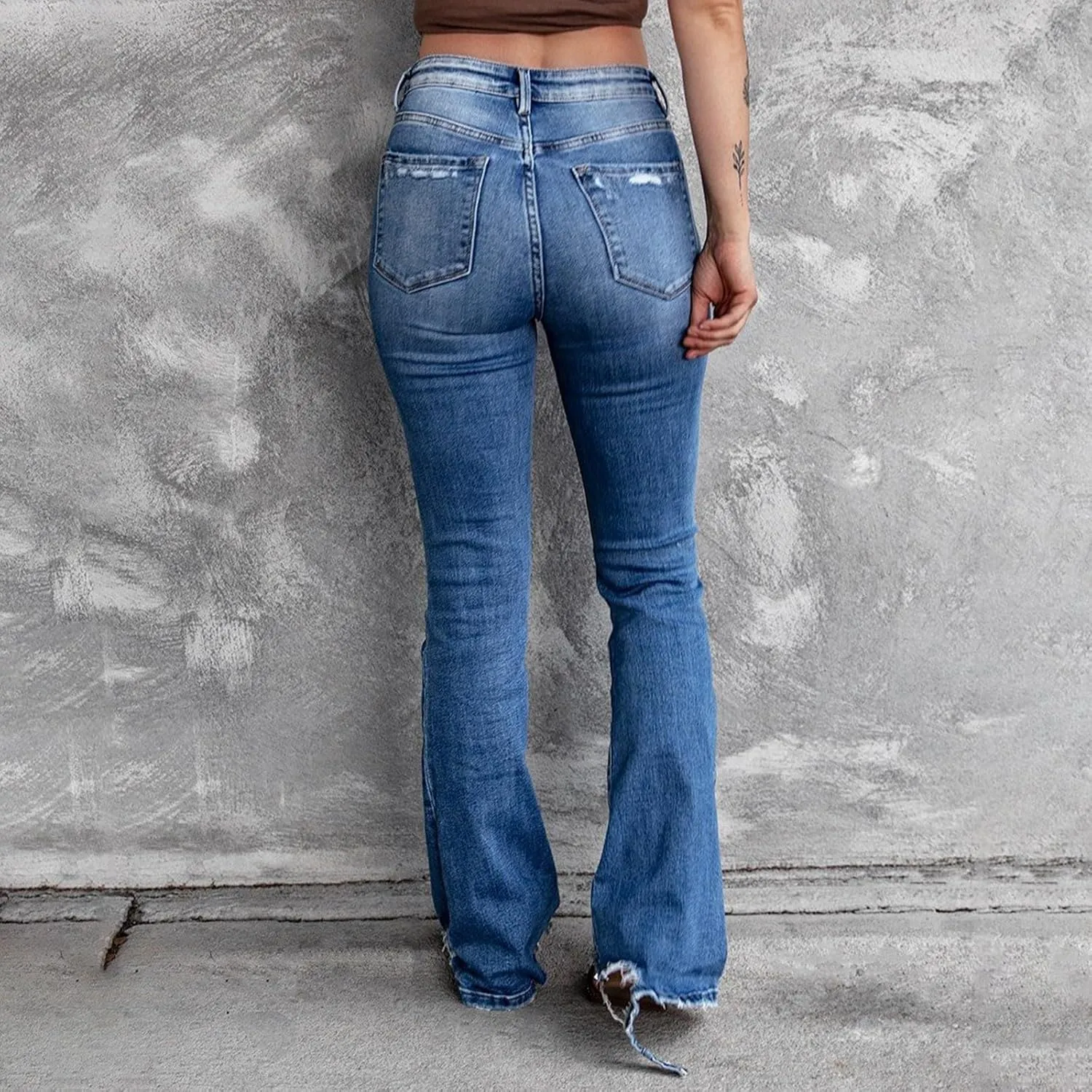 Bootcut Jeans for Women Stretchy High Waisted Ripped Skinny Raw Hem Denim Straight Leg Stretch Jeans with Pockets