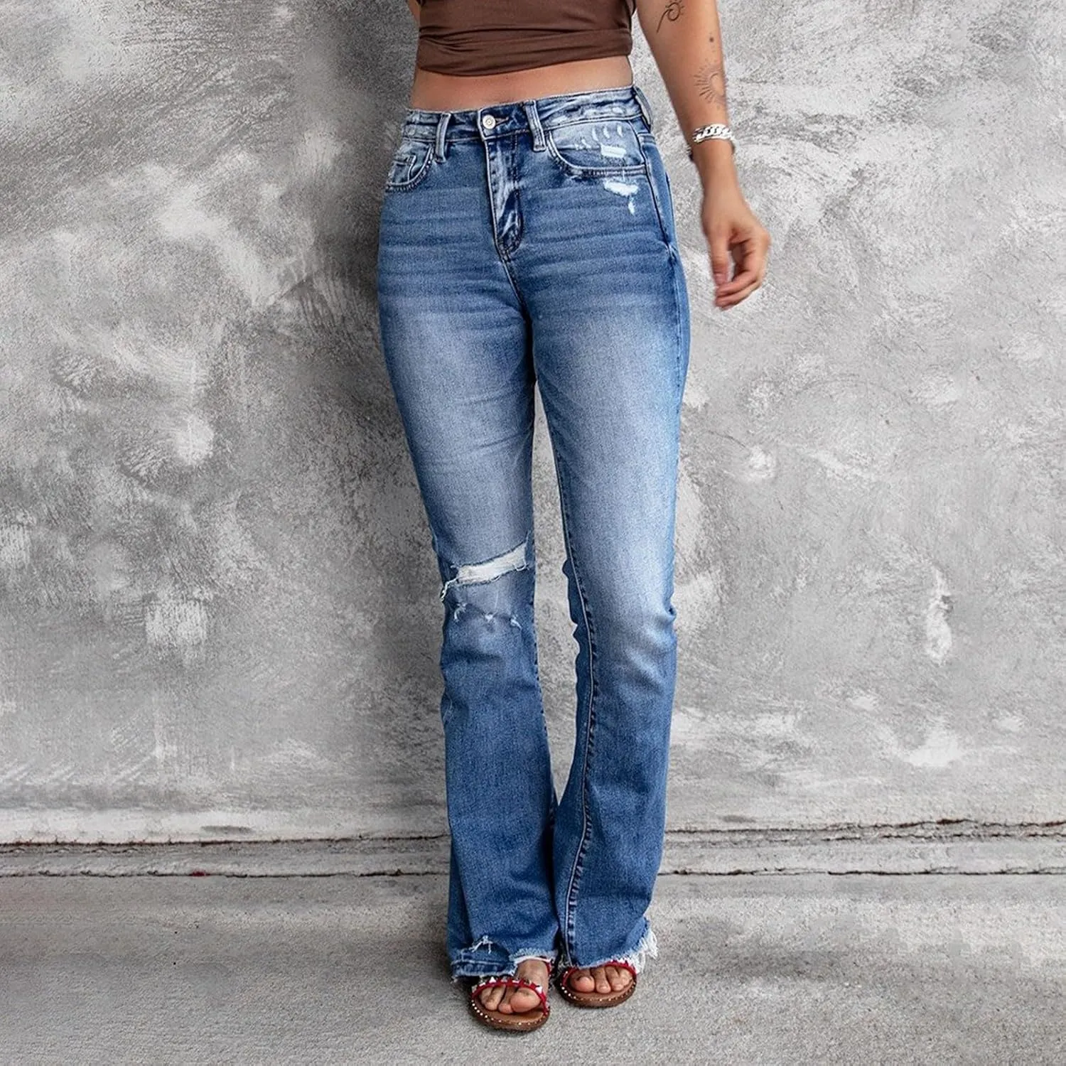 Bootcut Jeans for Women Stretchy High Waisted Ripped Skinny Raw Hem Denim Straight Leg Stretch Jeans with Pockets