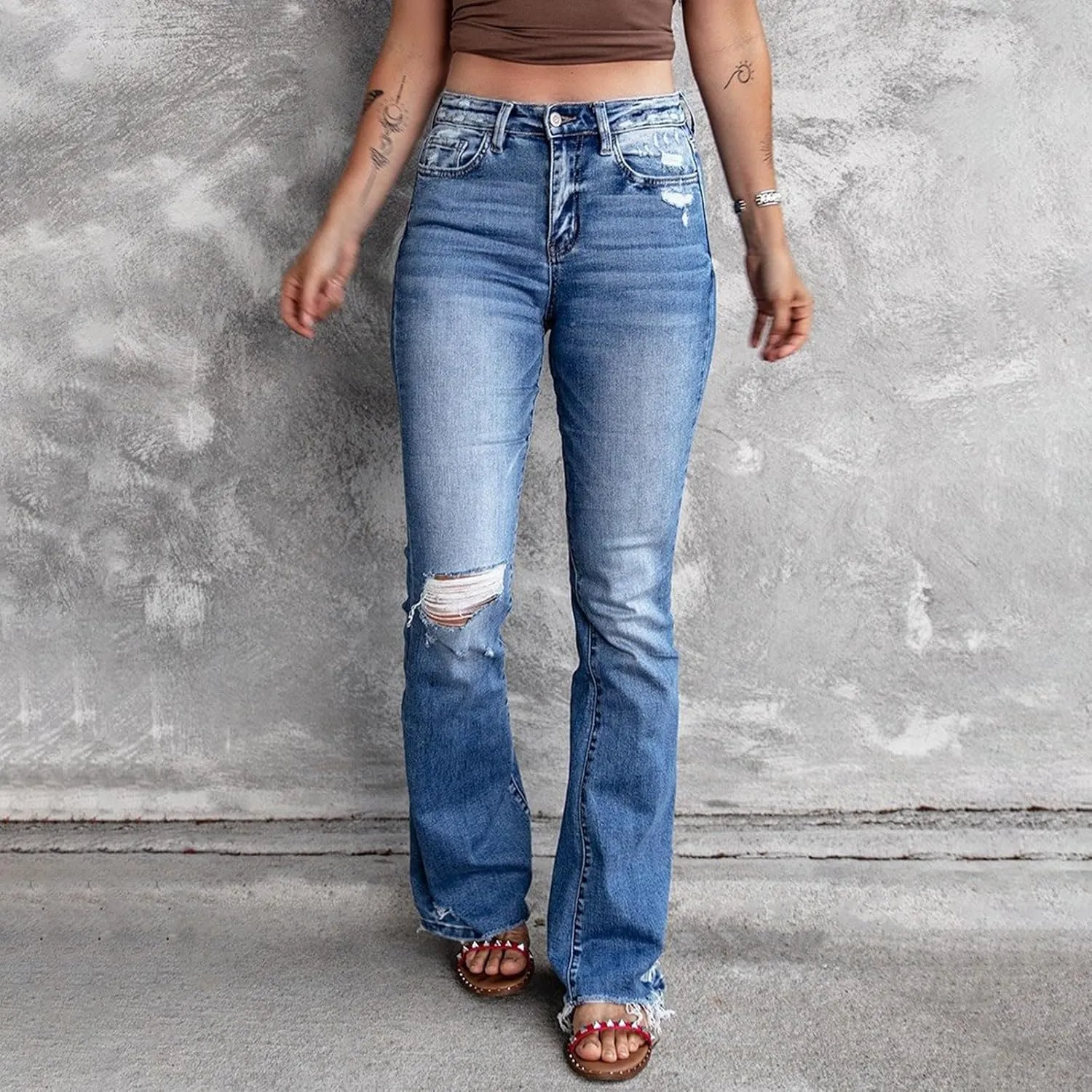 Bootcut Jeans for Women Stretchy High Waisted Ripped Skinny Raw Hem Denim Straight Leg Stretch Jeans with Pockets