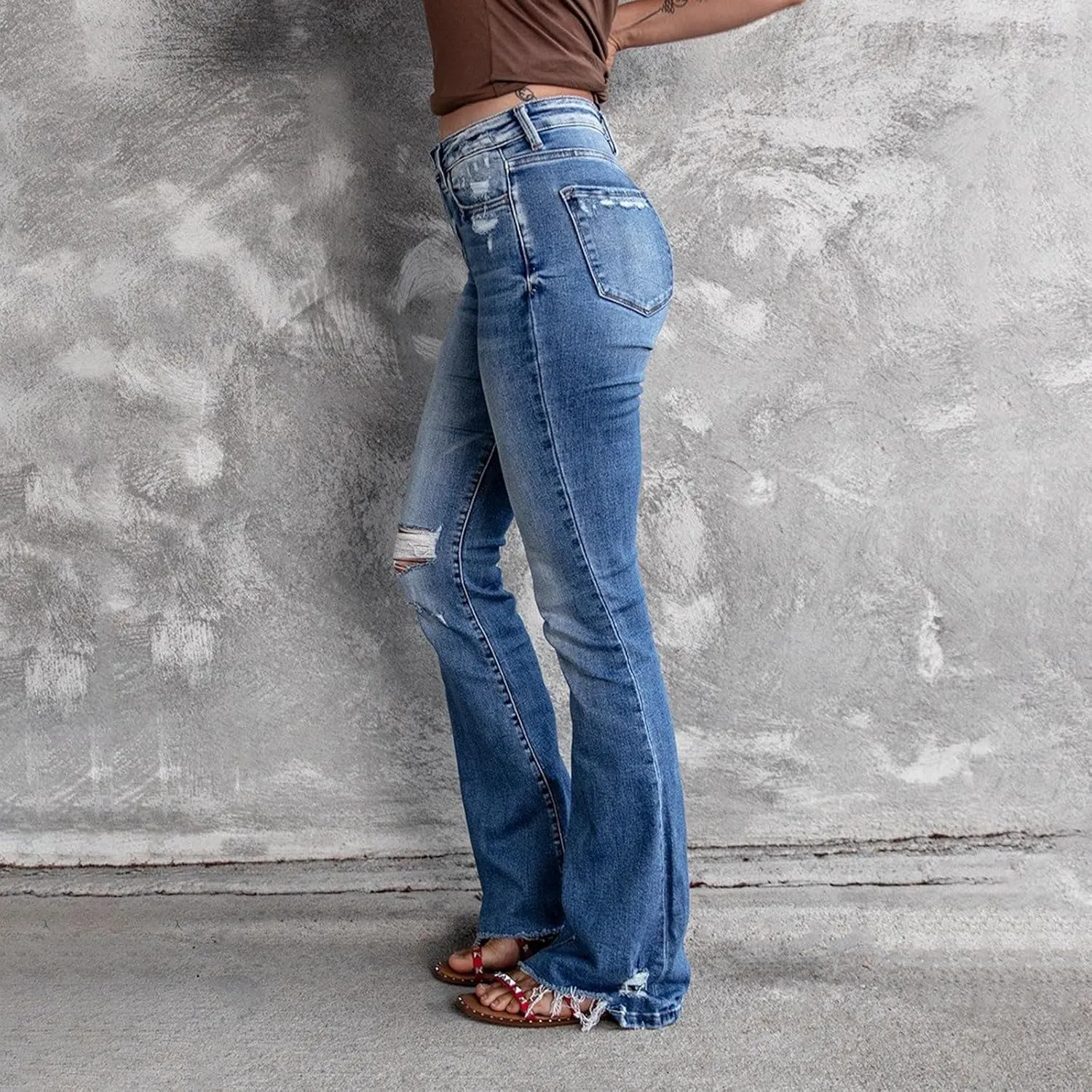 Bootcut Jeans for Women Stretchy High Waisted Ripped Skinny Raw Hem Denim Straight Leg Stretch Jeans with Pockets