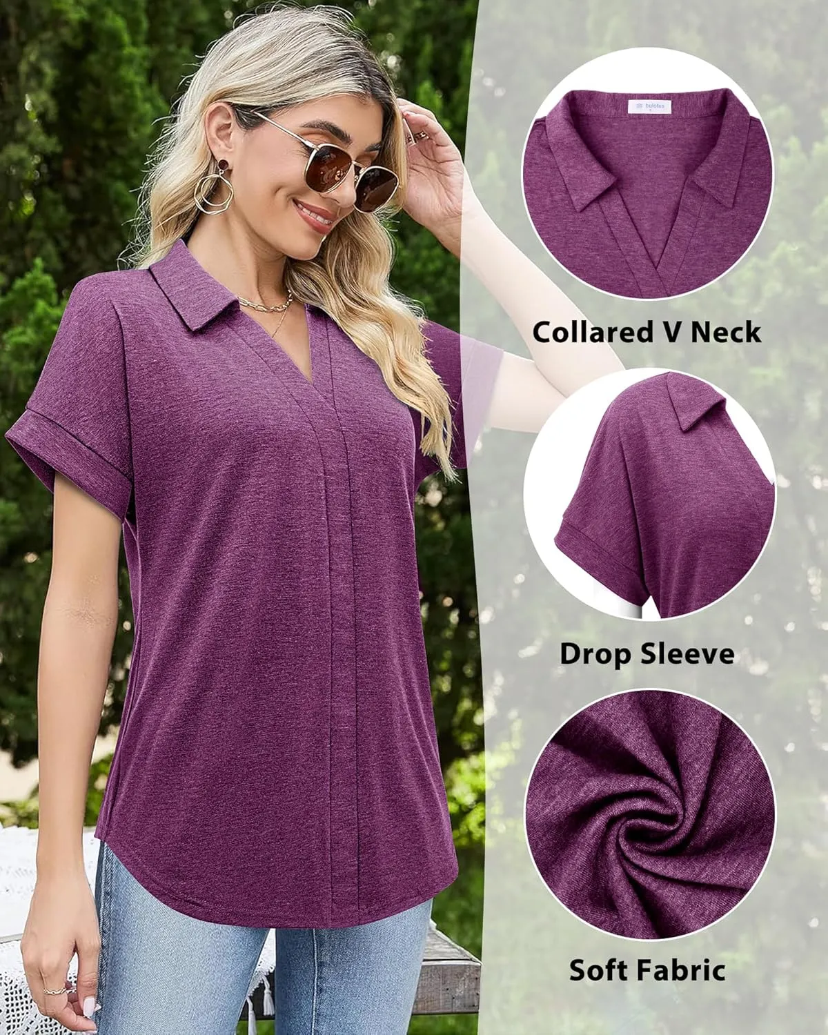 Bulouts Womens Short Sleeve Polo Shirts Collared V Neck Business Casual Tops and Blouses