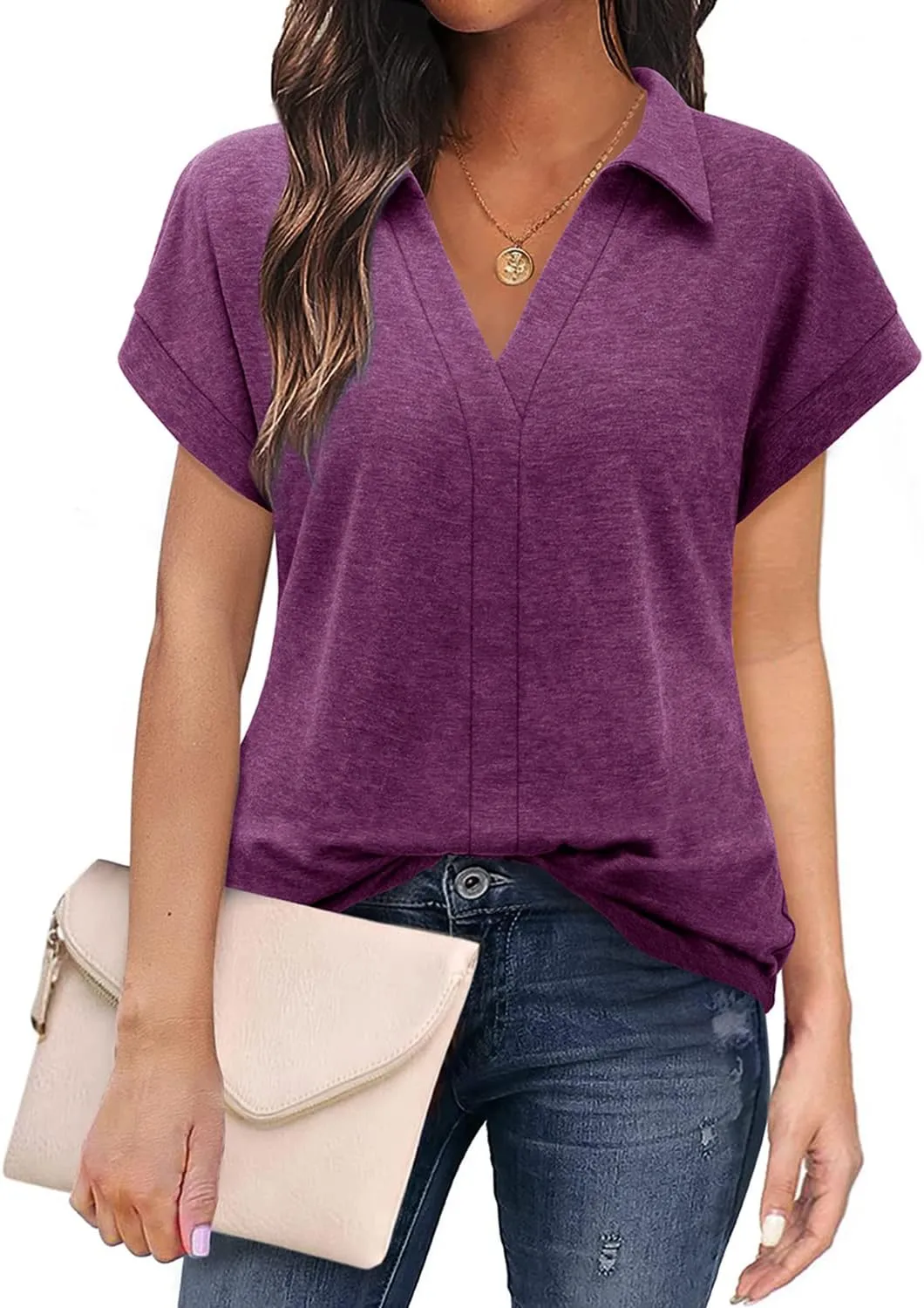 Bulouts Womens Short Sleeve Polo Shirts Collared V Neck Business Casual Tops and Blouses