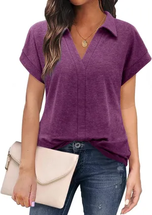 Bulouts Womens Short Sleeve Polo Shirts Collared V Neck Business Casual Tops and Blouses