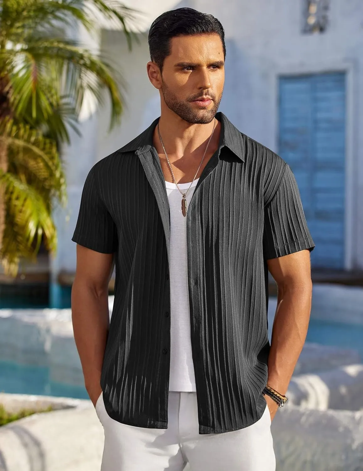 COOFANDY Men's Casual Button Down Shirts Short Sleeve Textured Summer Beach Shirts