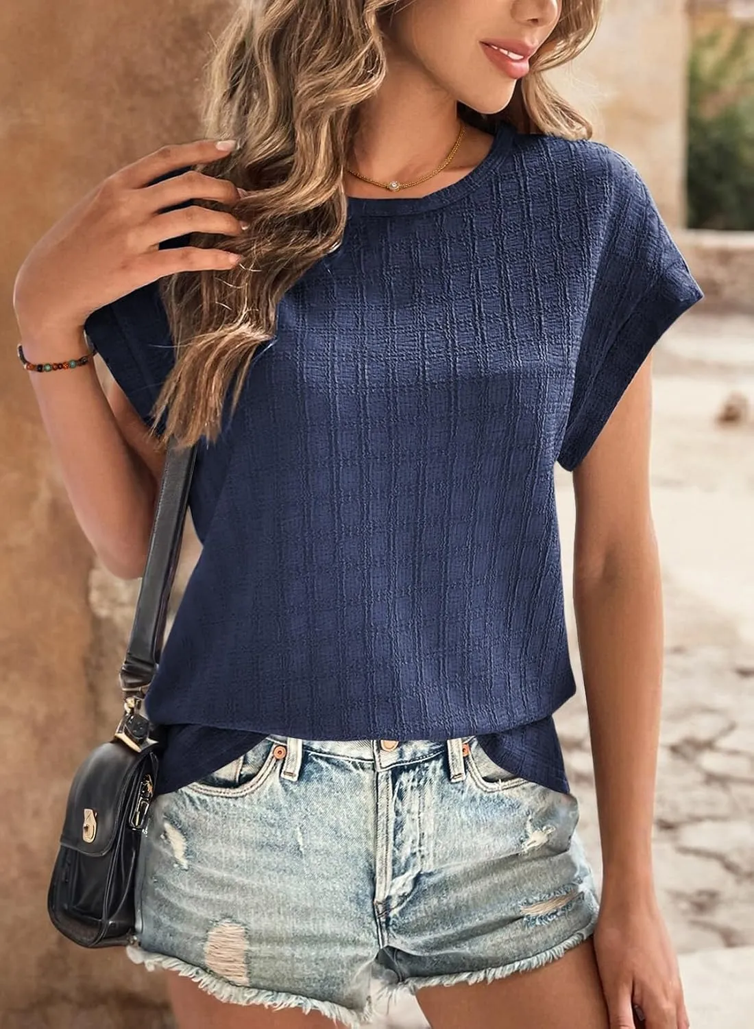 Dokotoo Womens Blouses Summer Casual Cap Short Sleeve Tops Basic Textured Solid Color Round Neck T Shirts Blouse