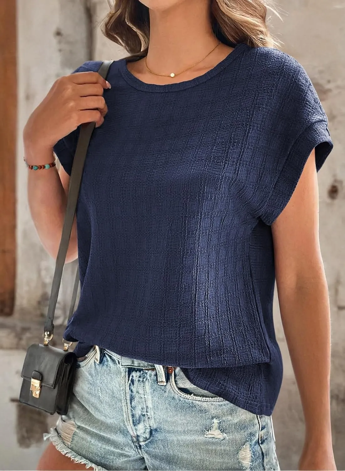 Dokotoo Womens Blouses Summer Casual Cap Short Sleeve Tops Basic Textured Solid Color Round Neck T Shirts Blouse