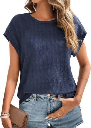 Dokotoo Womens Blouses Summer Casual Cap Short Sleeve Tops Basic Textured Solid Color Round Neck T Shirts Blouse