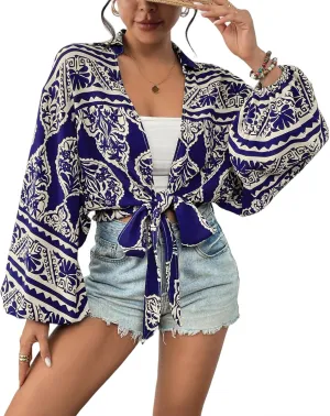 Eddoyee Women's Deep V Neck Tie Front Knot Wrap Tops Long Lantern Sleeve Casual Boho Blouses Loose Tunic Self-tie Shirts
