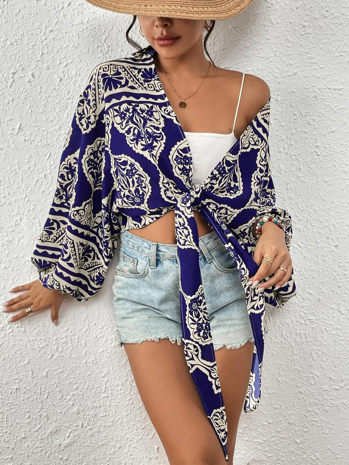 Eddoyee Women's Deep V Neck Tie Front Knot Wrap Tops Long Lantern Sleeve Casual Boho Blouses Loose Tunic Self-tie Shirts
