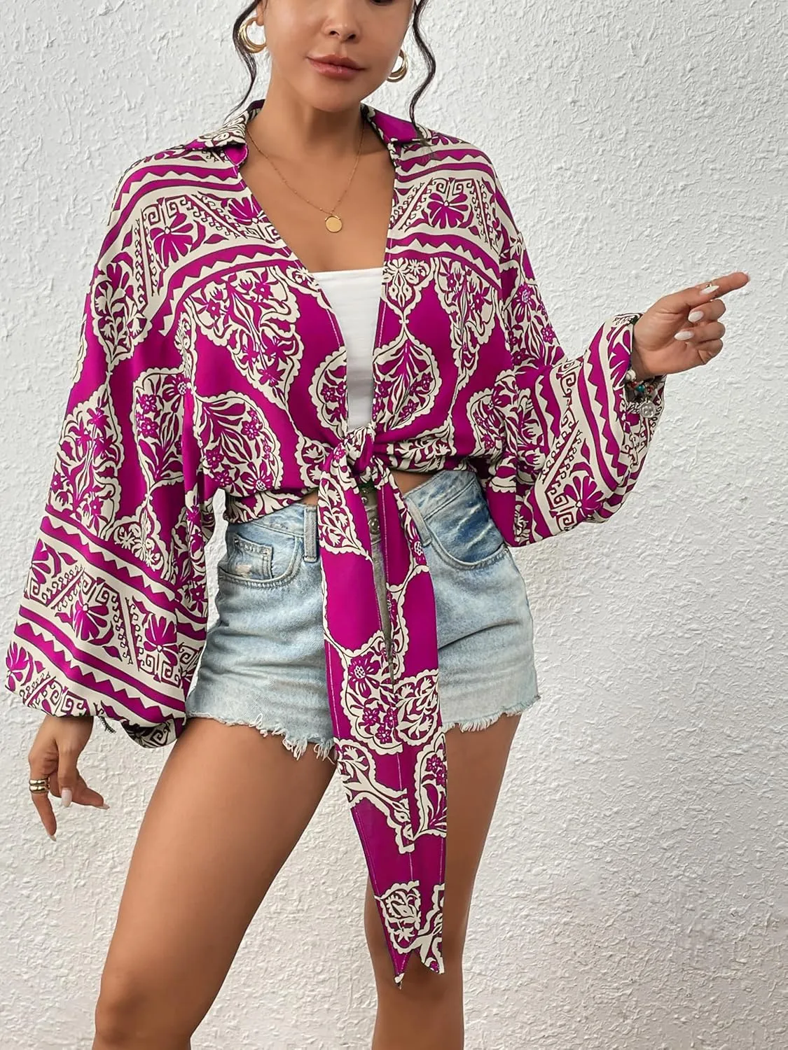 Eddoyee Women's Deep V Neck Tie Front Knot Wrap Tops Long Lantern Sleeve Casual Boho Blouses Loose Tunic Self-tie Shirts