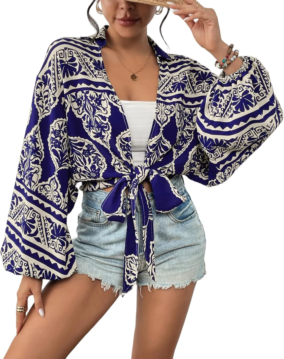 Eddoyee Women's Deep V Neck Tie Front Knot Wrap Tops Long Lantern Sleeve Casual Boho Blouses Loose Tunic Self-tie Shirts