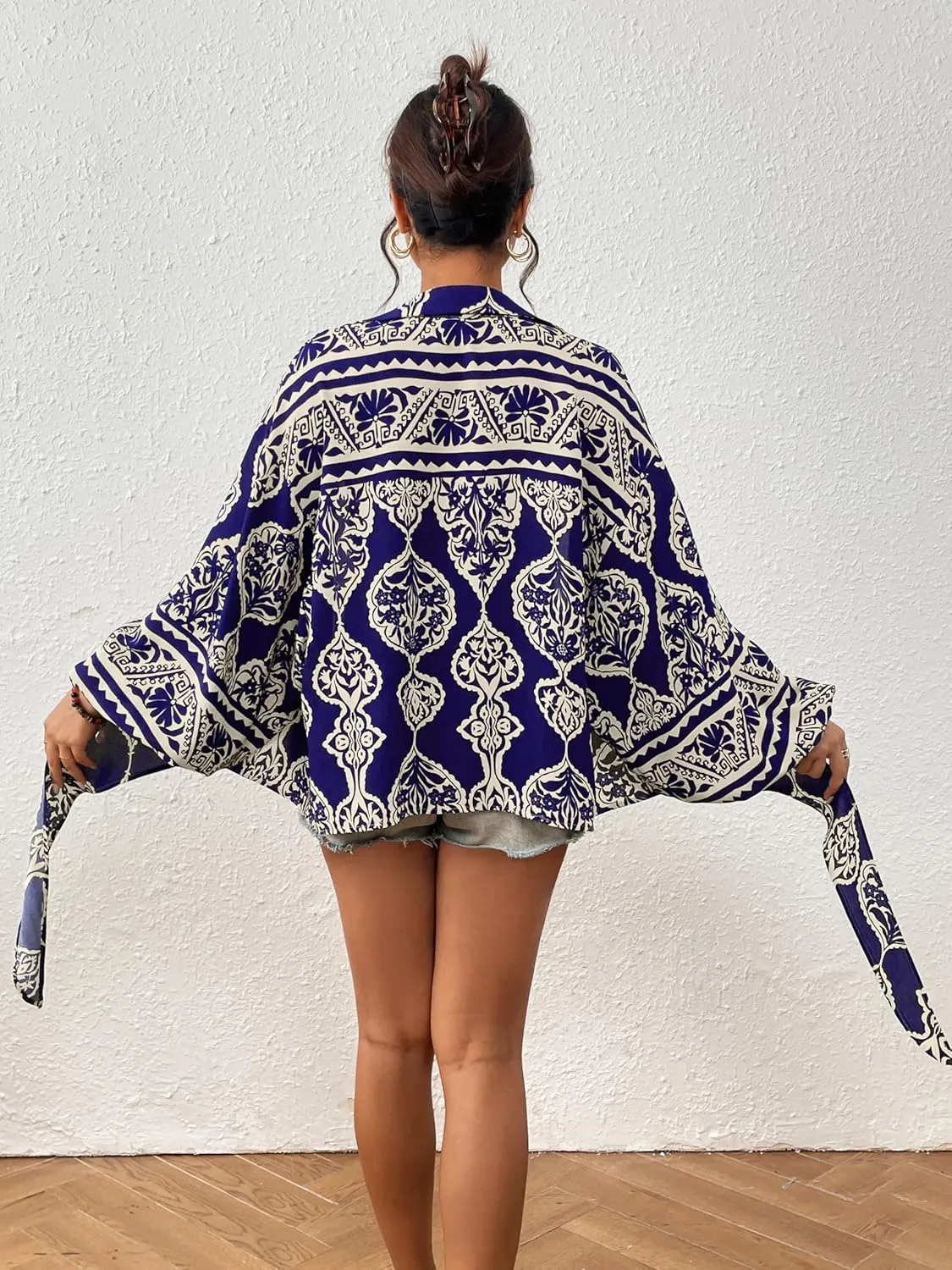Eddoyee Women's Deep V Neck Tie Front Knot Wrap Tops Long Lantern Sleeve Casual Boho Blouses Loose Tunic Self-tie Shirts