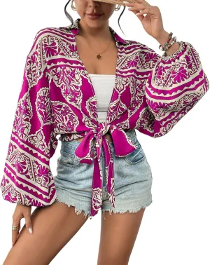 Eddoyee Women's Deep V Neck Tie Front Knot Wrap Tops Long Lantern Sleeve Casual Boho Blouses Loose Tunic Self-tie Shirts