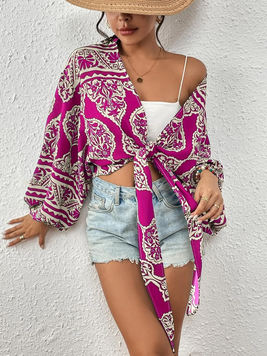 Eddoyee Women's Deep V Neck Tie Front Knot Wrap Tops Long Lantern Sleeve Casual Boho Blouses Loose Tunic Self-tie Shirts