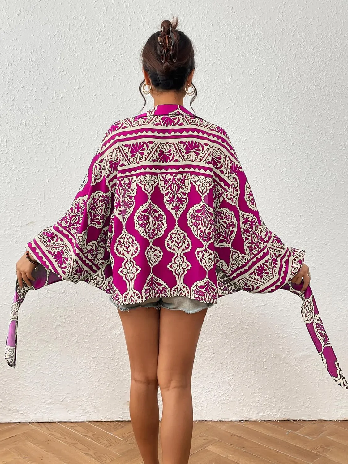 Eddoyee Women's Deep V Neck Tie Front Knot Wrap Tops Long Lantern Sleeve Casual Boho Blouses Loose Tunic Self-tie Shirts
