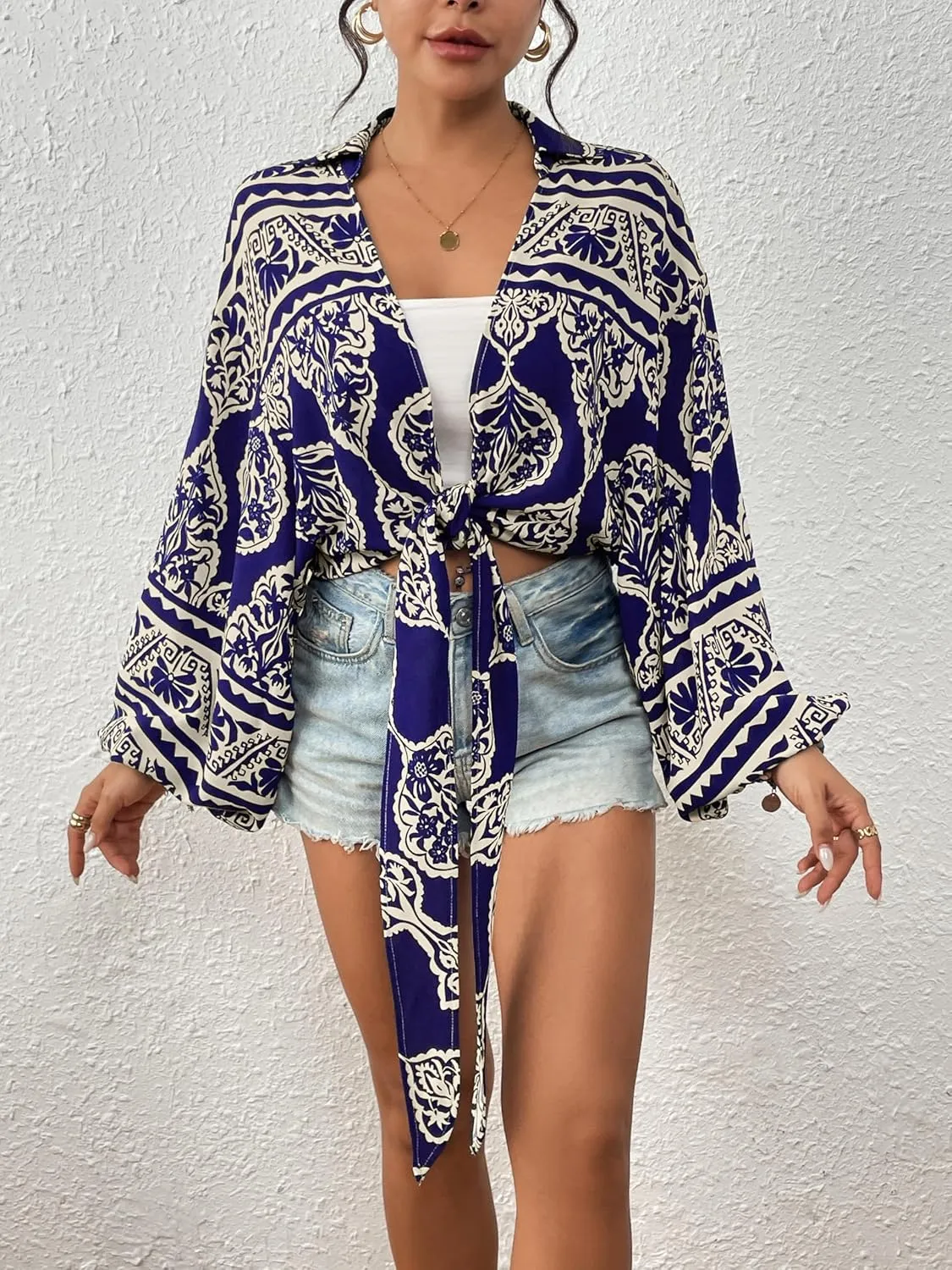 Eddoyee Women's Deep V Neck Tie Front Knot Wrap Tops Long Lantern Sleeve Casual Boho Blouses Loose Tunic Self-tie Shirts