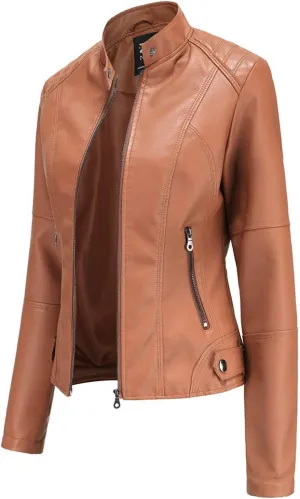 Faux Leather Jackets Women Full Zip Long Sleeve Solid Moto Jacket Trendy Casual Slim Fit Short Coat with Pockets