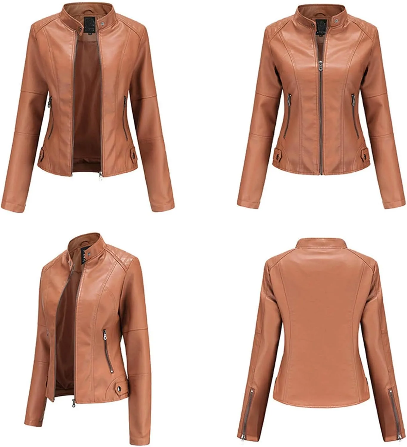 Faux Leather Jackets Women Full Zip Long Sleeve Solid Moto Jacket Trendy Casual Slim Fit Short Coat with Pockets